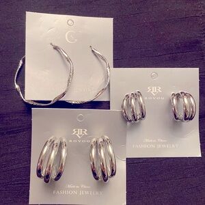 Three pairs of silver tone hoop earrings. Brand new.Hypoallergenic posts